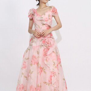 Floral Ruffled Short Sleeve Maxi Dress | New A-Line Formal Pink Tiered Dress